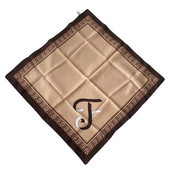 F Script Monogram Scarf Brown Caramel Neutrals Square Made in Italy Vintage EUC - Picture 7 of 7